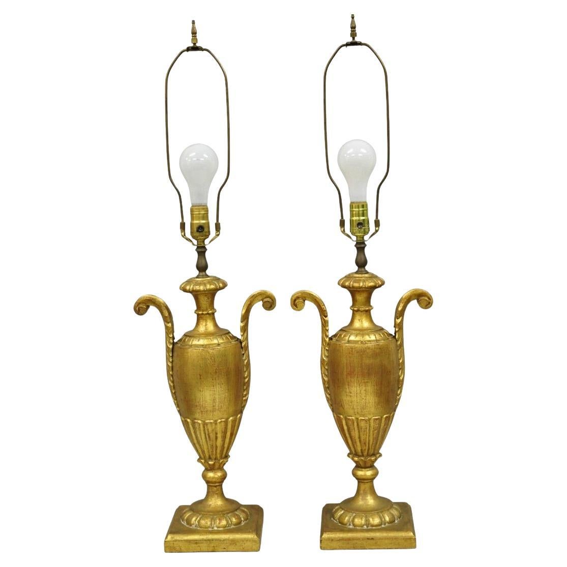 Vintage Italian Hollywood Regency Gold Giltwood Urn Form Table Lamps - a Pair For Sale