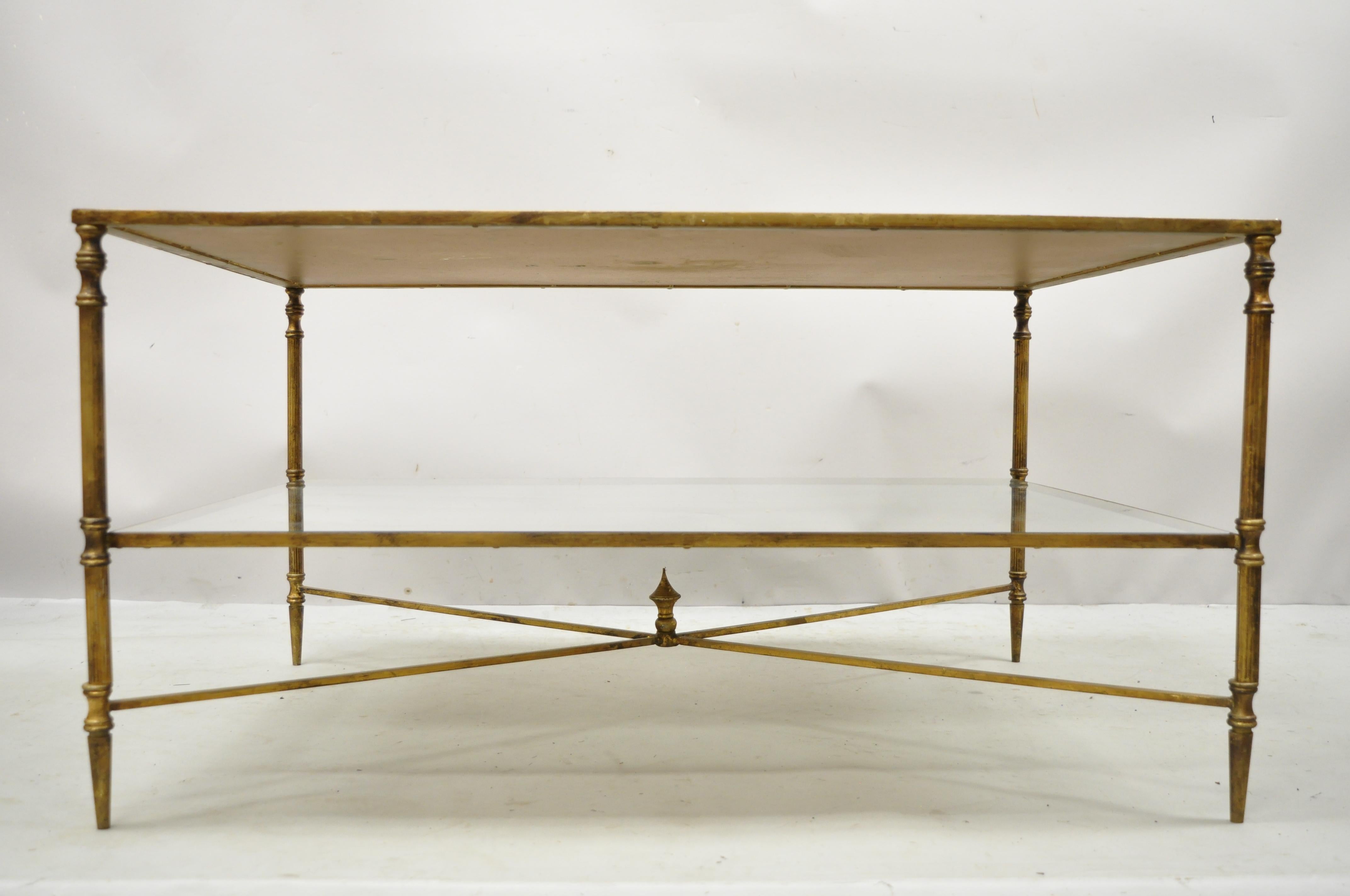 Vintage Italian Hollywood Regency Gold Iron Frame Coffee Table with Mirror Top In Good Condition In Philadelphia, PA