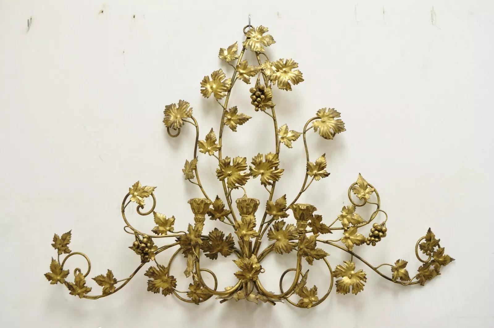 Vintage Italian Hollywood Regency Gold Iron Tole Leafy 3 Wooden Candle Holder Wall Sconce. Circa Mid 20th Century. Dimensions : 28