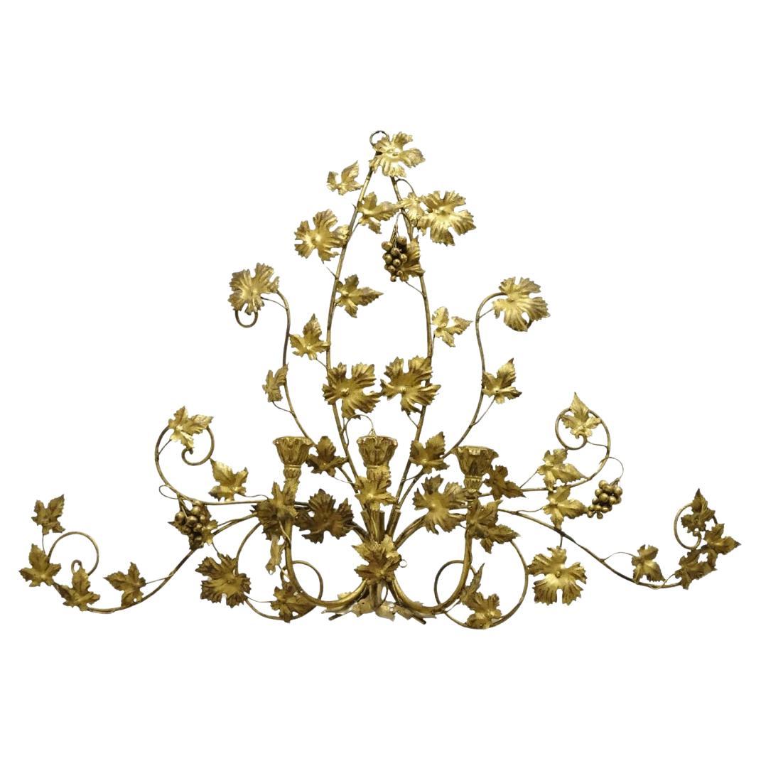Vintage Italian Hollywood Regency Gold Iron Tole Leafy 3 Candelabra Wall Sconce