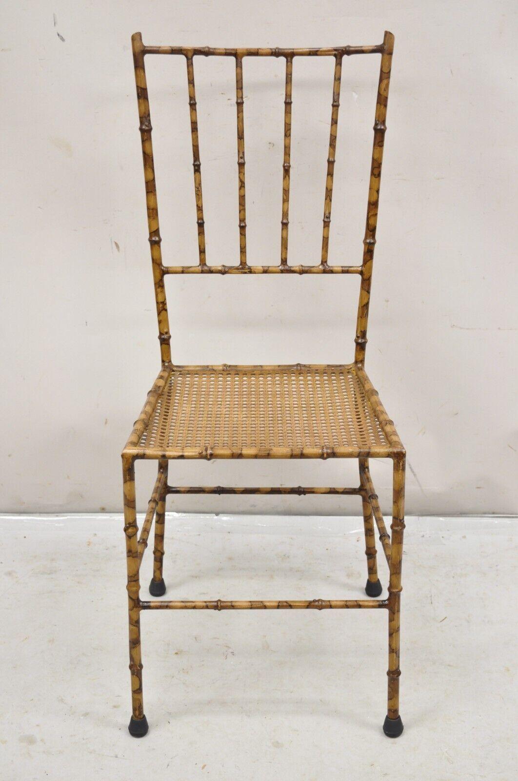 Vintage Italian Hollywood Regency Gold Metal Faux Bamboo Chivari Side Chair with Metal Perforated 