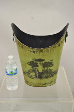 Vintage Italian Hollywood Regency Green Tole Metal Trash Can Wastebasket