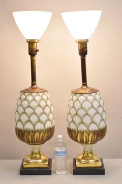 Vintage Italian Hollywood Regency Hand Painted Glass Pineapple Table Lamp - Pair
