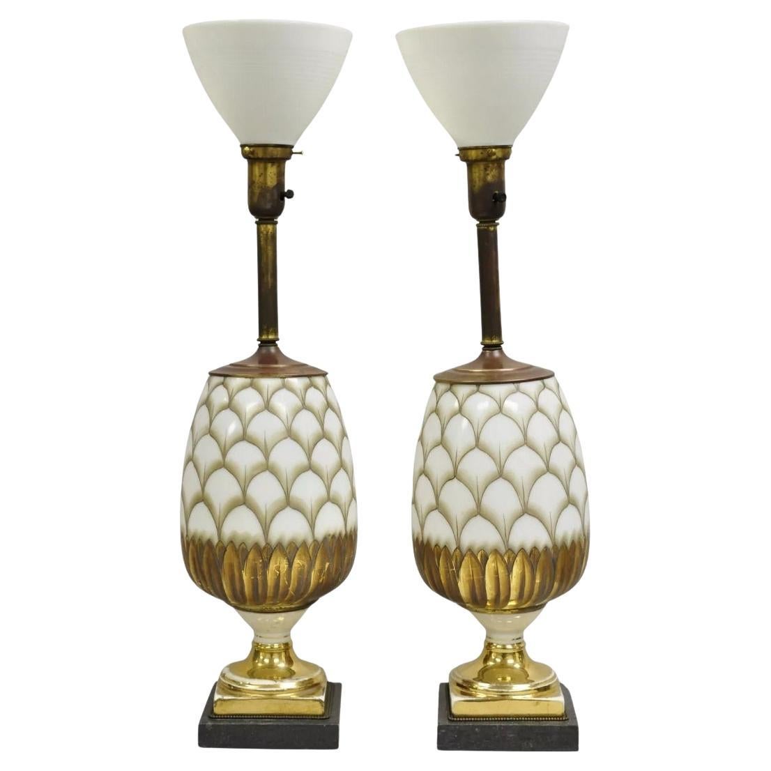 Vintage Italian Hollywood Regency Hand Painted Glass Pineapple Table Lamp - Pair