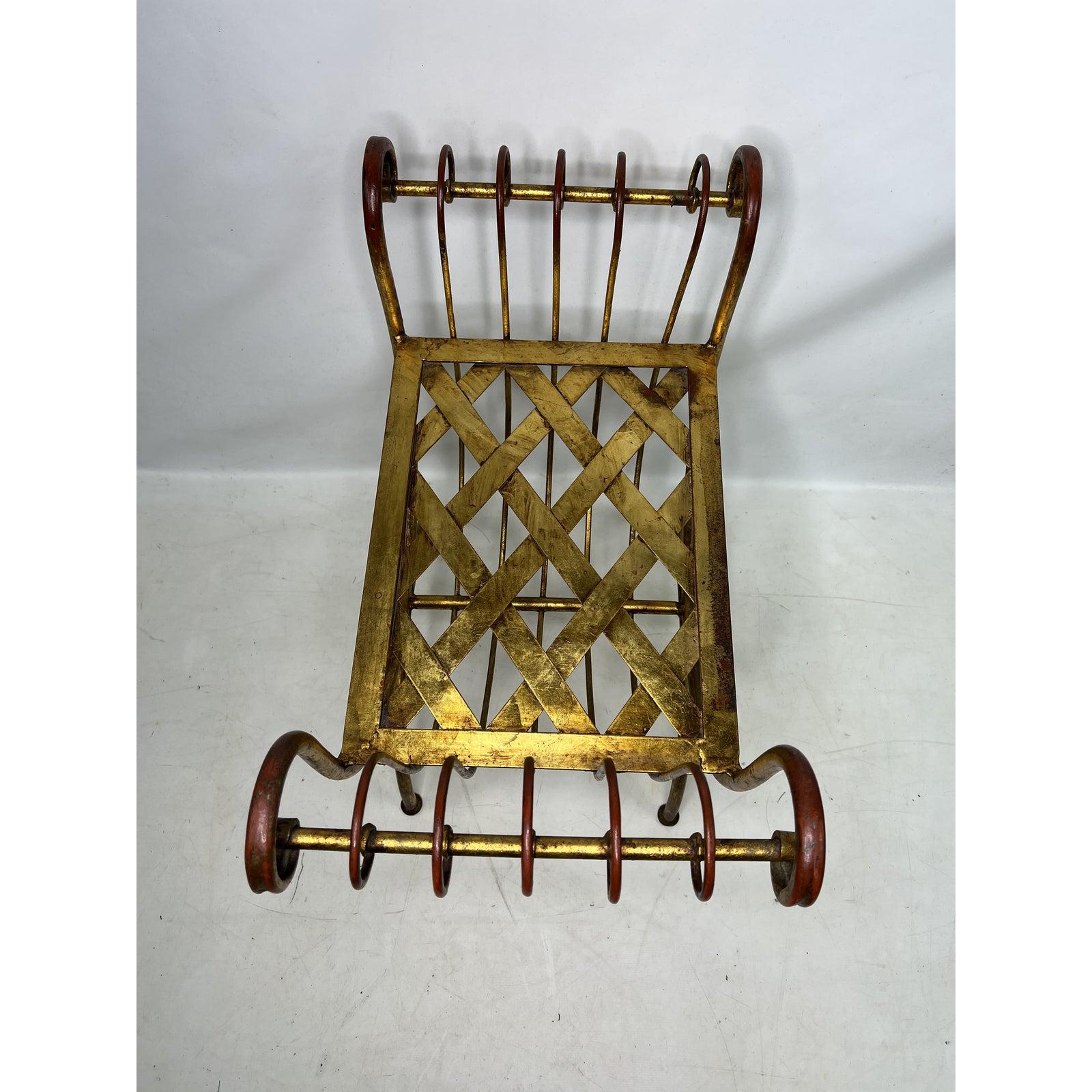 Vintage Italian Hollywood Regency iron gold gilt curule vanity bench.