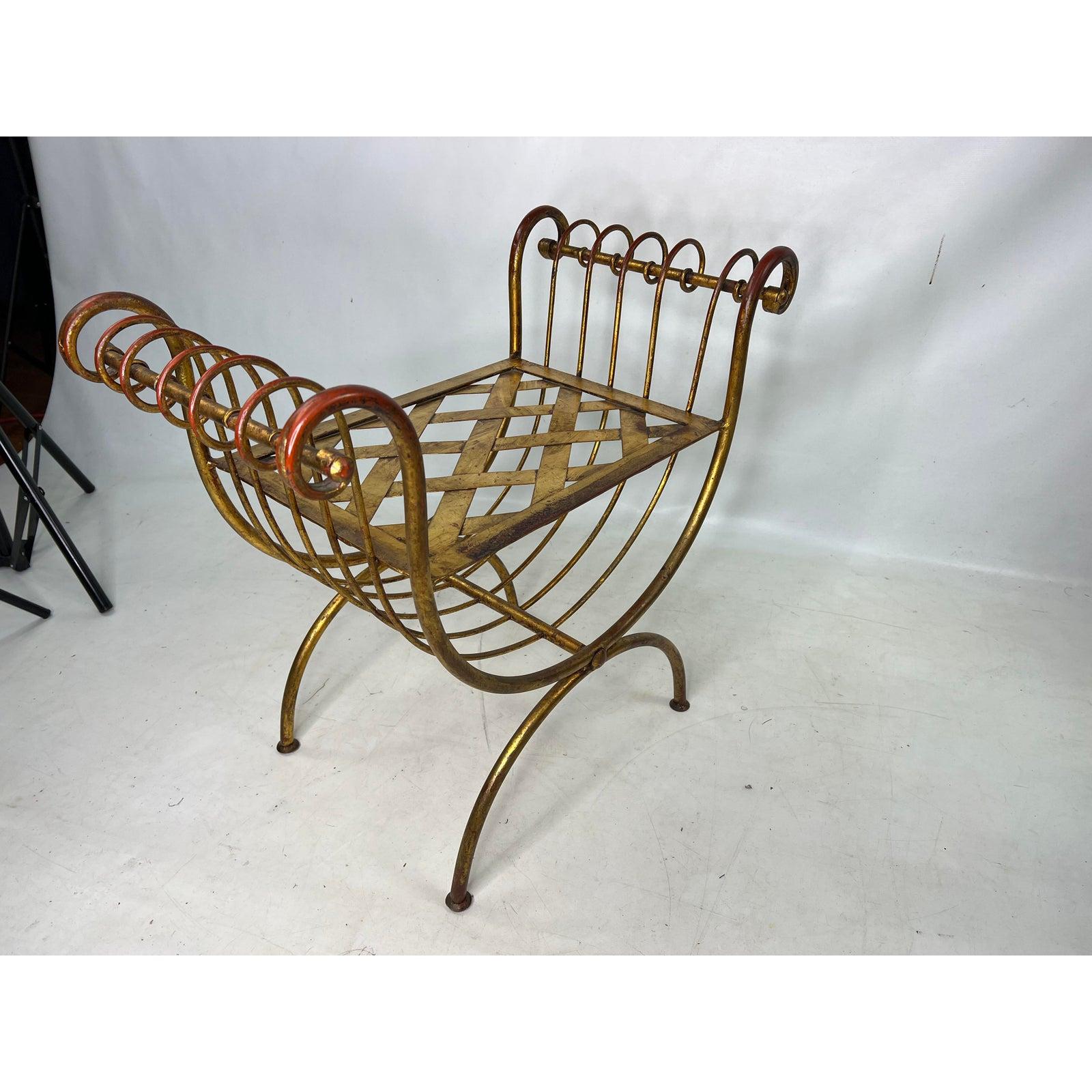 Vintage Italian Hollywood Regency Iron Gold Gilt Curule Vanity Bench In Good Condition In Esperance, NY