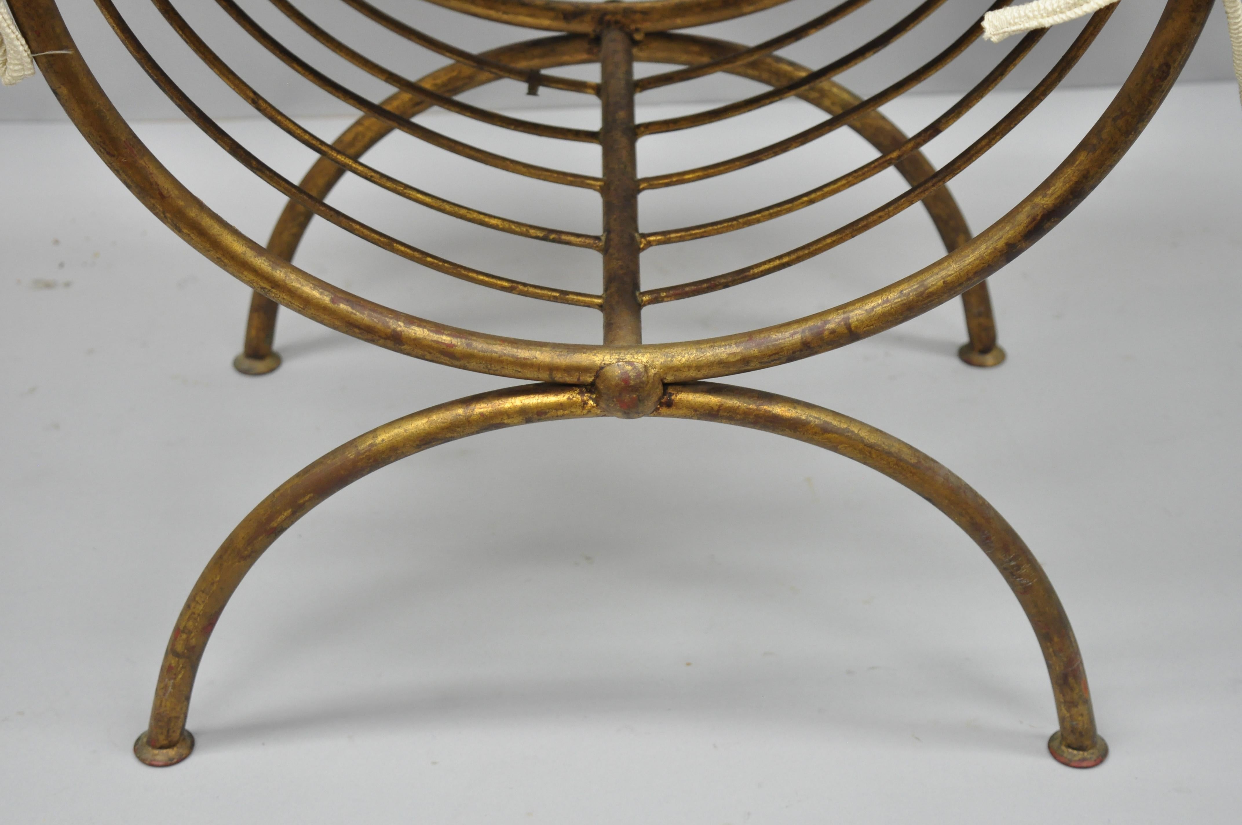 Vintage Italian Hollywood Regency Iron Gold Gilt Curule Vanity Bench Seat Chair In Good Condition In Philadelphia, PA