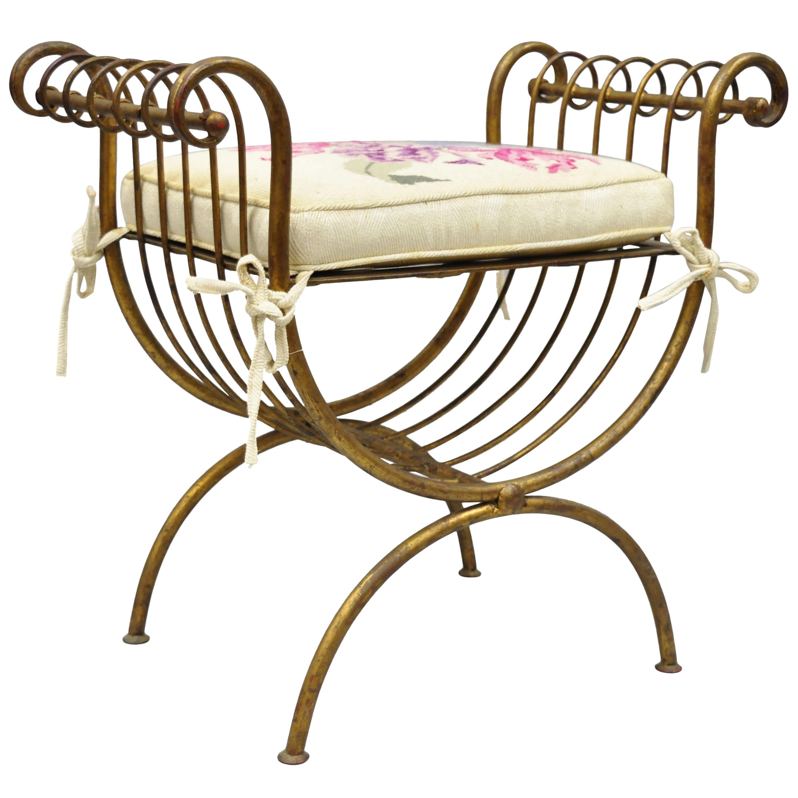 Vintage Italian Hollywood Regency Iron Gold Gilt Curule Vanity Bench Seat Chair