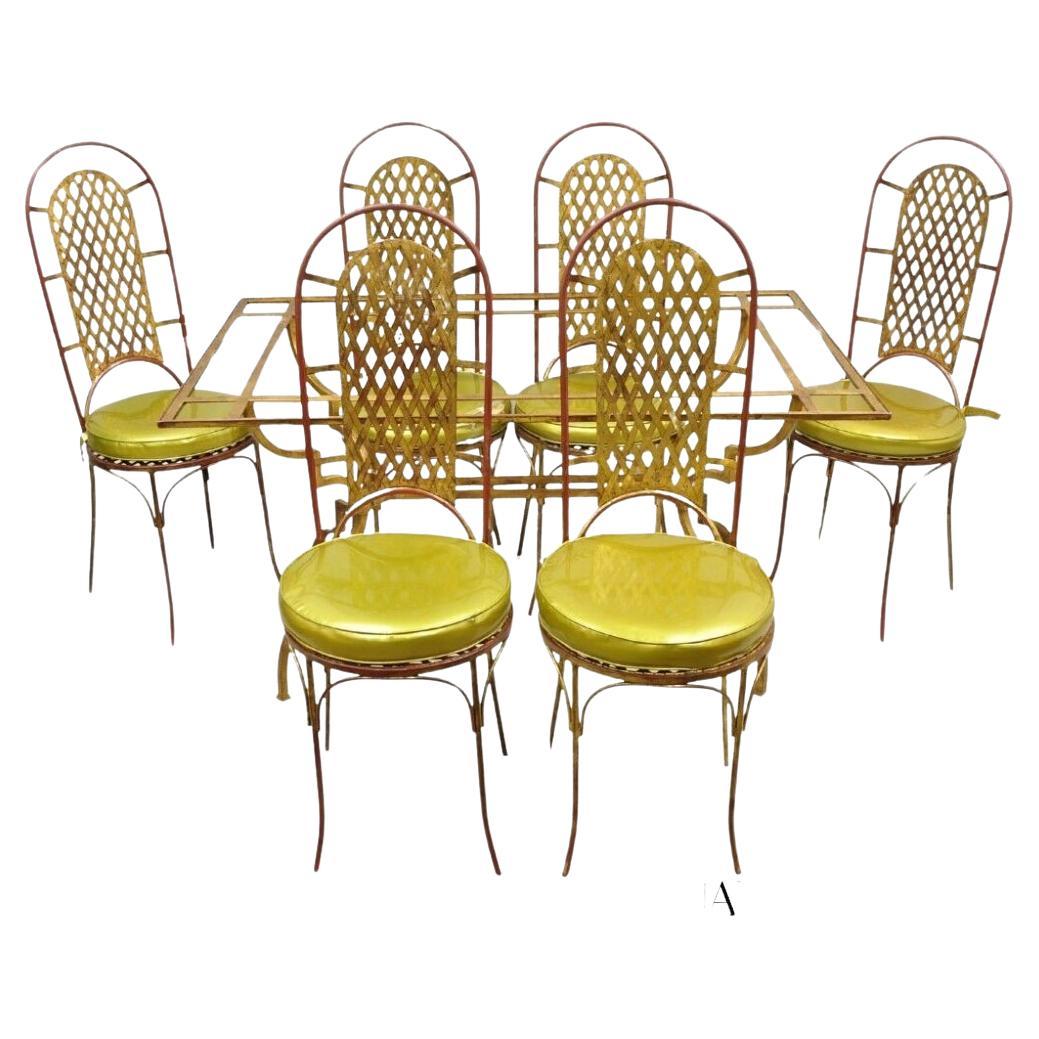 Vintage Italian Hollywood Regency Iron Gold Gilt Lattice Dining Set - 7 Pc Set