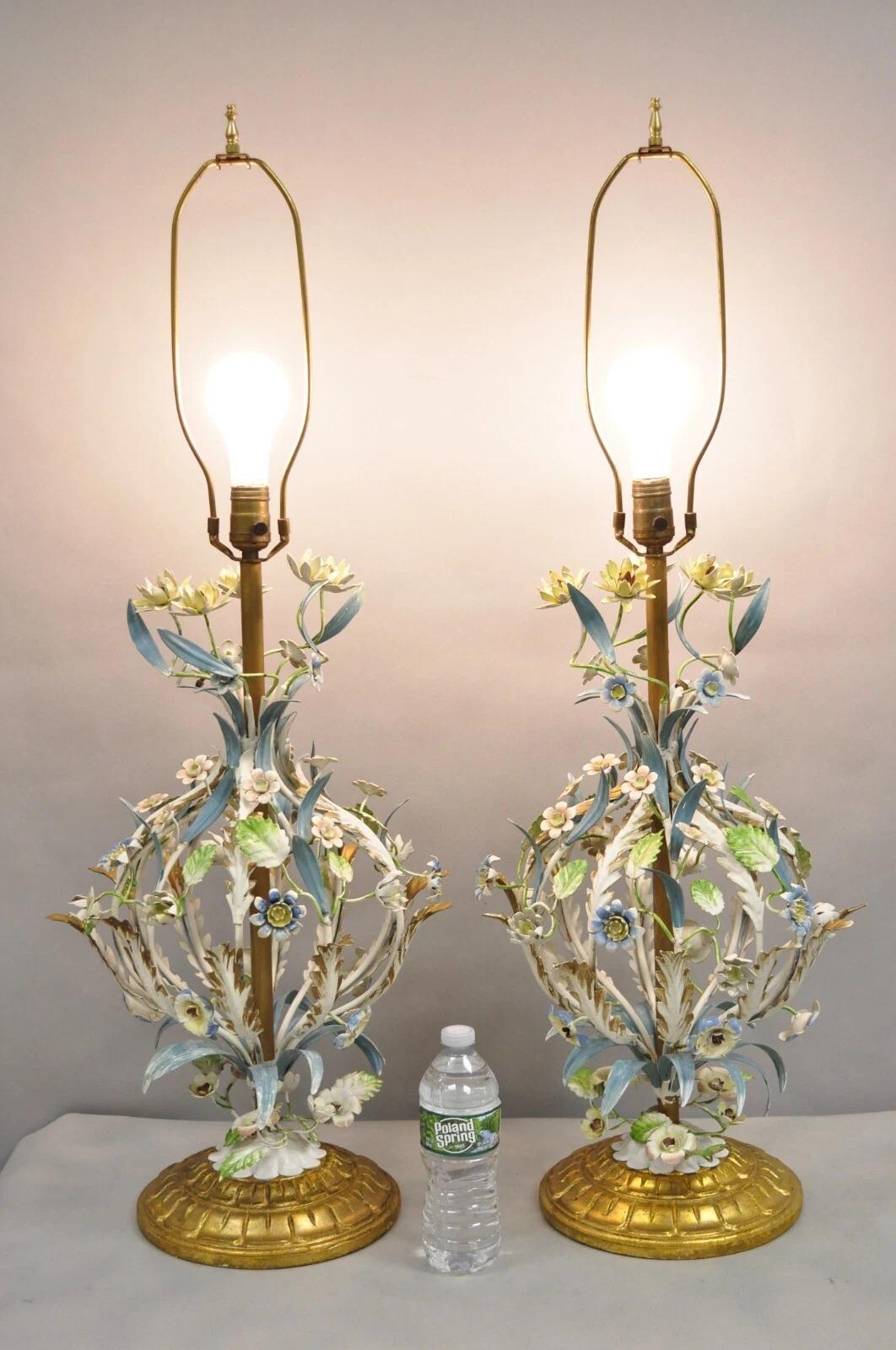Vintage Italian Hollywood Regency Iron Tole Metal Painted Flower Table Lamps On Gold Gilt Wood Bases - a Pair . Circa Mid 20th Century. Measurements: 38