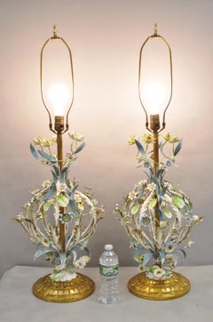 Vintage Italian Hollywood Regency Iron Tole Metal Painted Flower Table Lamp Pair