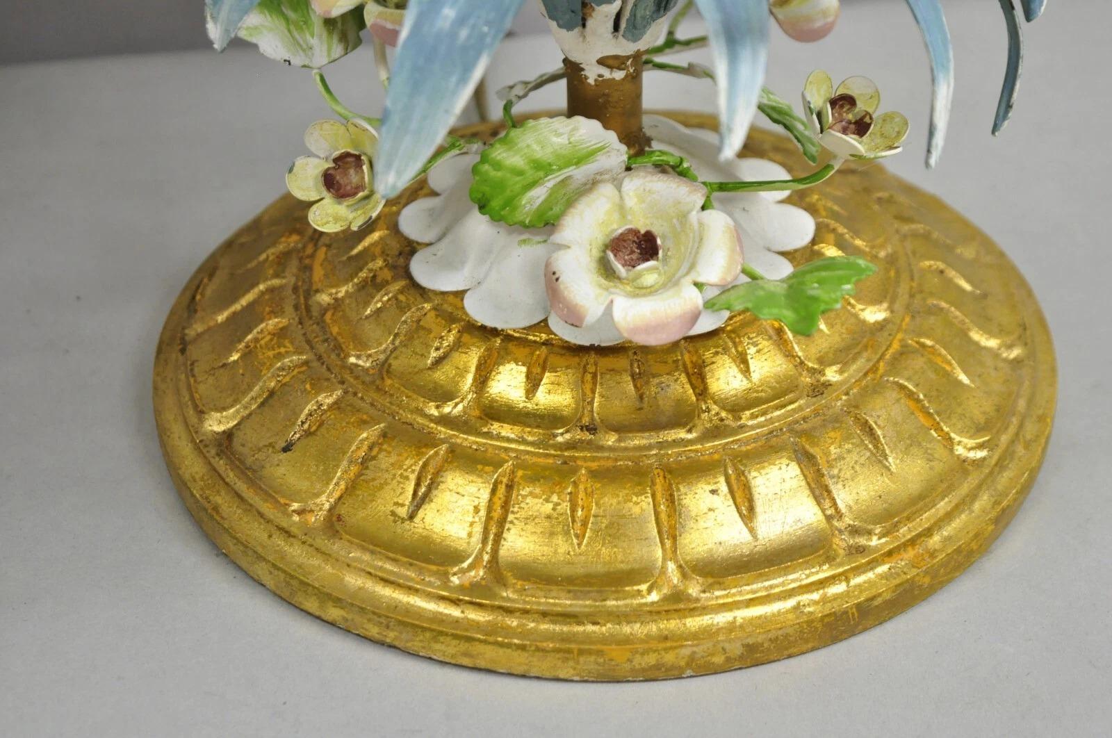 Vintage Italian Hollywood Regency Iron Tole Metal Painted Flower Table Lamp Pair For Sale 1
