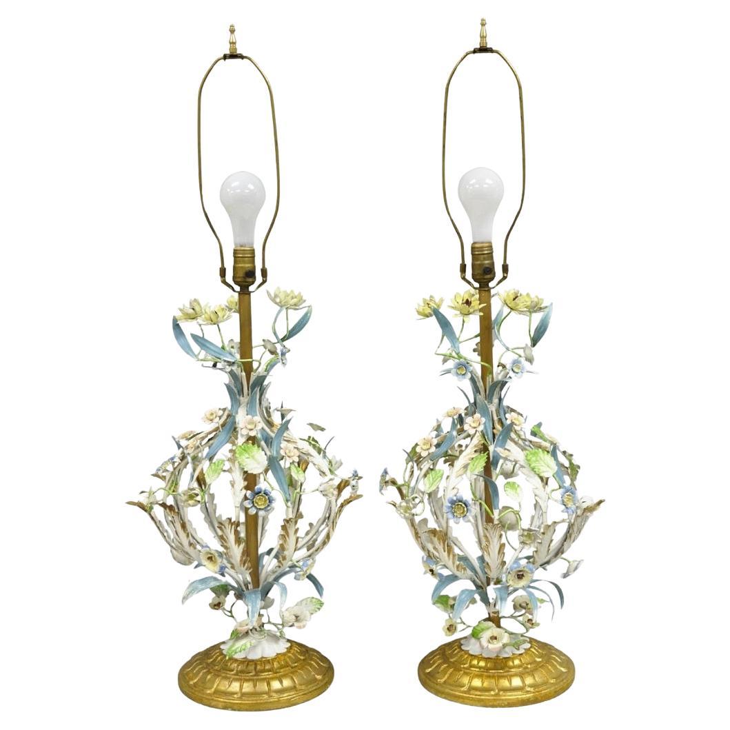 Vintage Italian Hollywood Regency Iron Tole Metal Painted Flower Table Lamp Pair For Sale