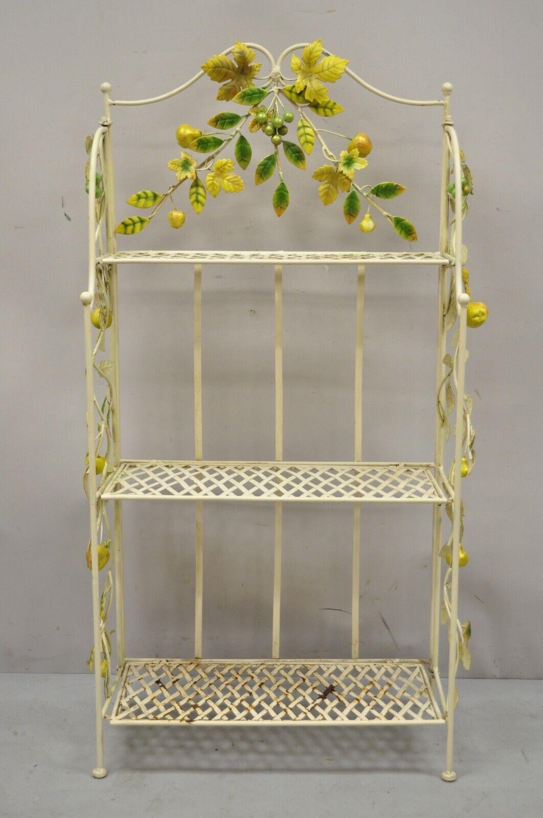 Vintage Italian Hollywood Regency iron tole metal yellow lemon shelf stand. folding metal frame, yellow fruit (lemons), very nice vintage item. Circa mid 20th Century.
Measurements: 
Open: 47