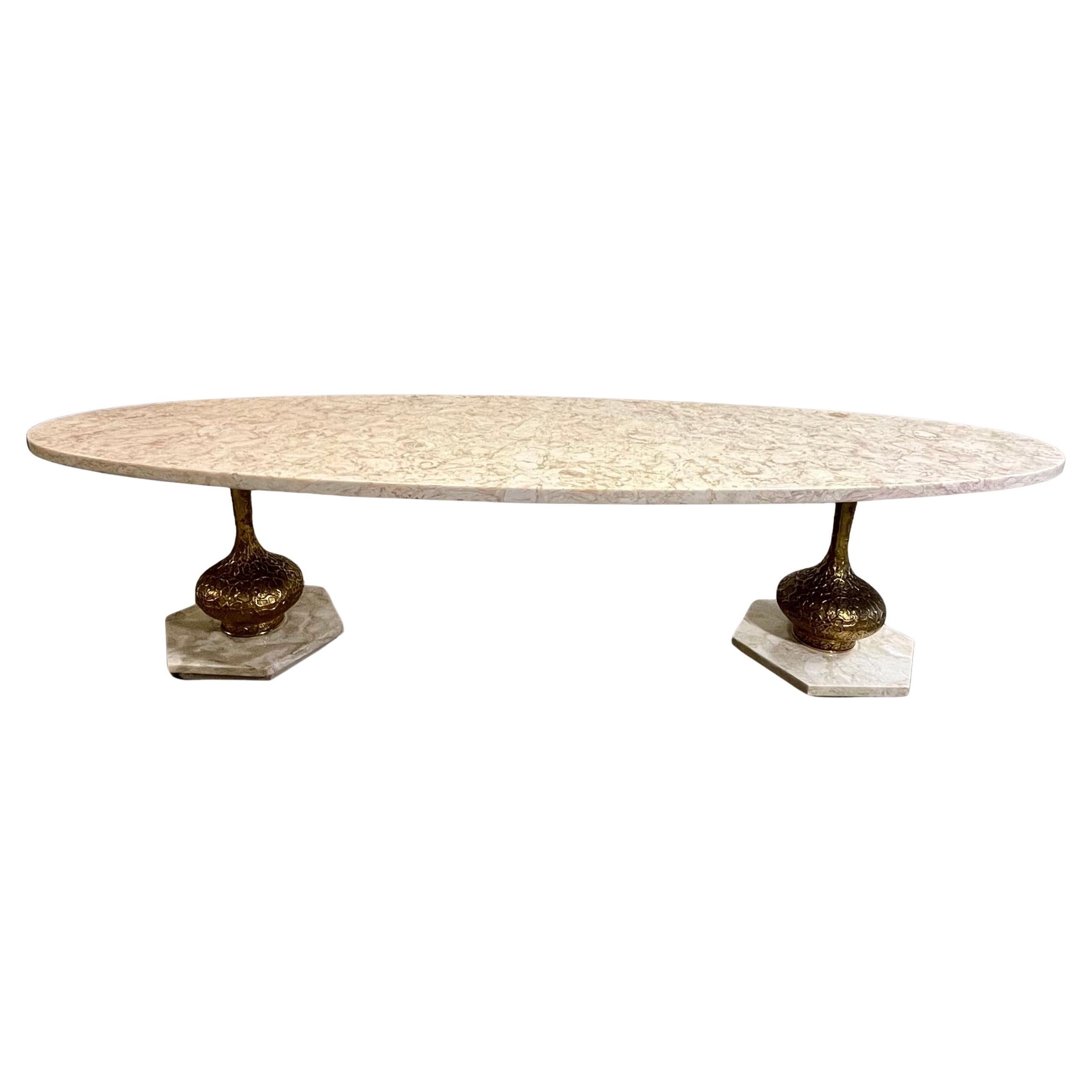 Vintage Italian Hollywood Regency Long Oval Surfboard Marble Top Coffee Table