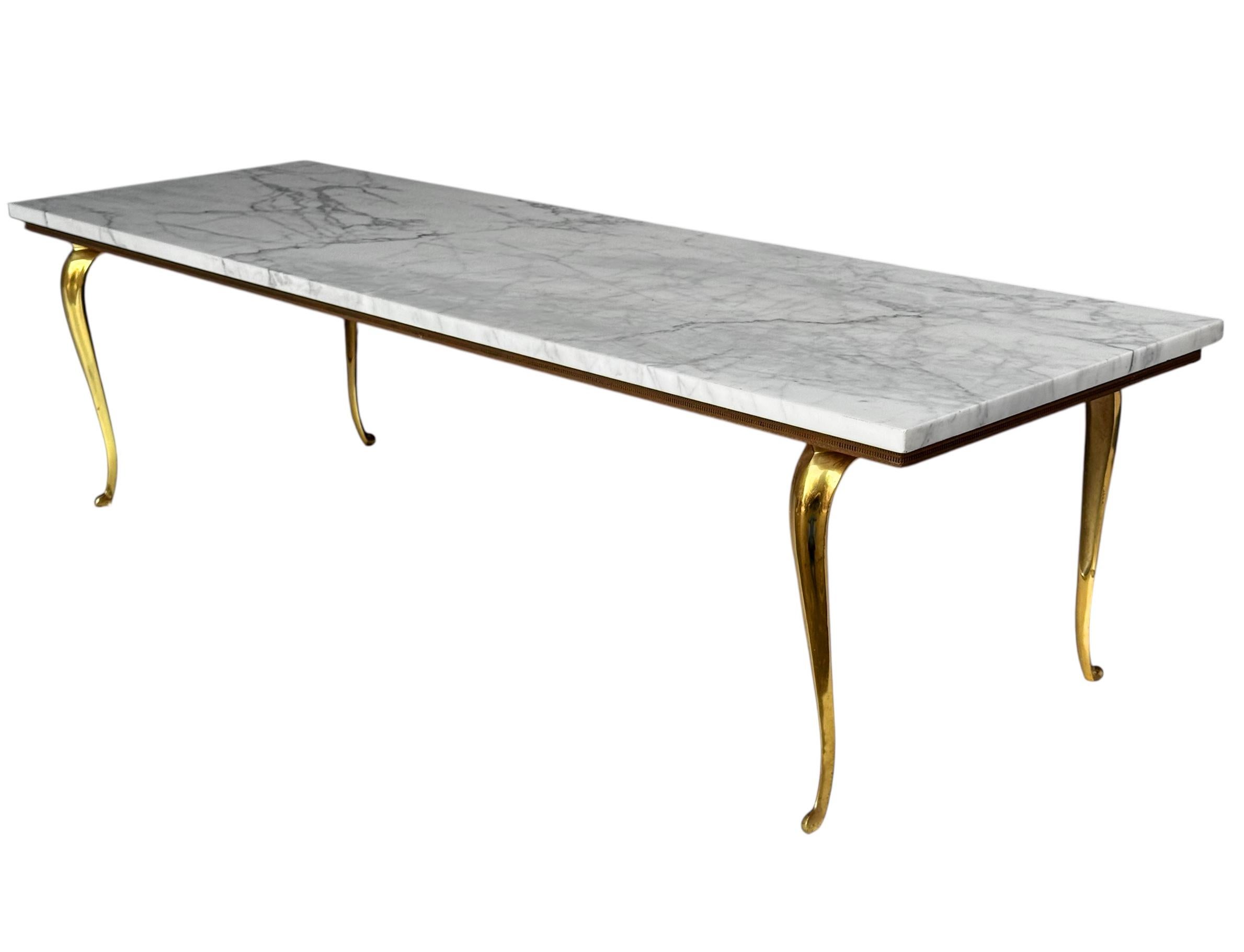Vintage Italian Hollywood Regency Lange Rechteckige Marmor & Messing Couchtisch im Angebot 2