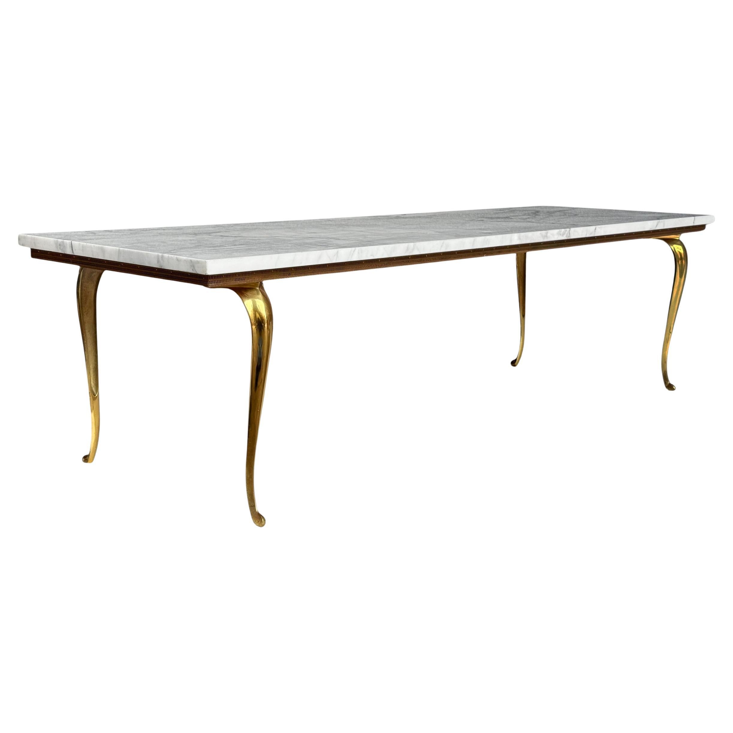 Vintage Italian Hollywood Regency Lange Rechteckige Marmor & Messing Couchtisch