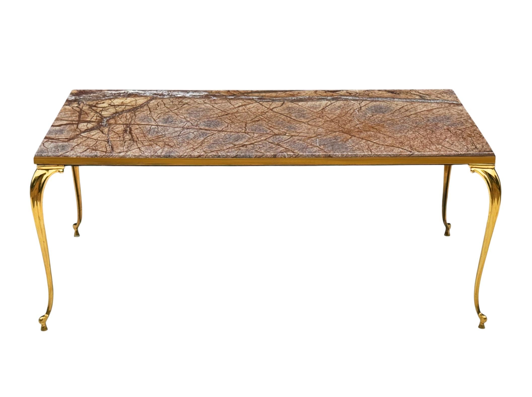 Ottone Tavolino rettangolare d'epoca Hollywood Regency in marmo marrone e ottone in vendita