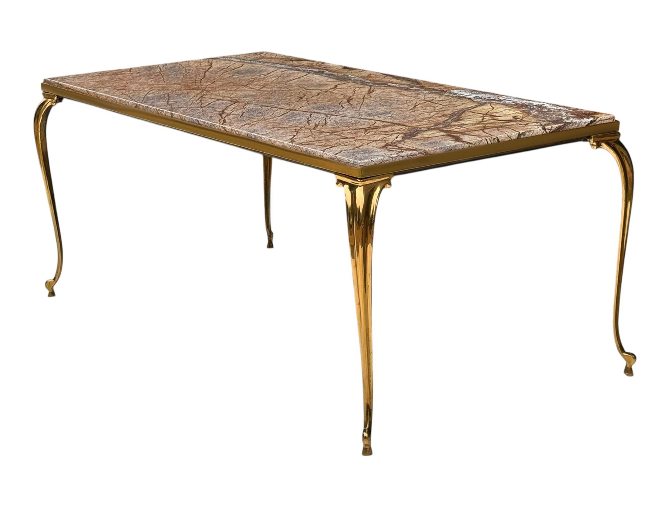 Tavolino rettangolare d'epoca Hollywood Regency in marmo marrone e ottone in vendita 3