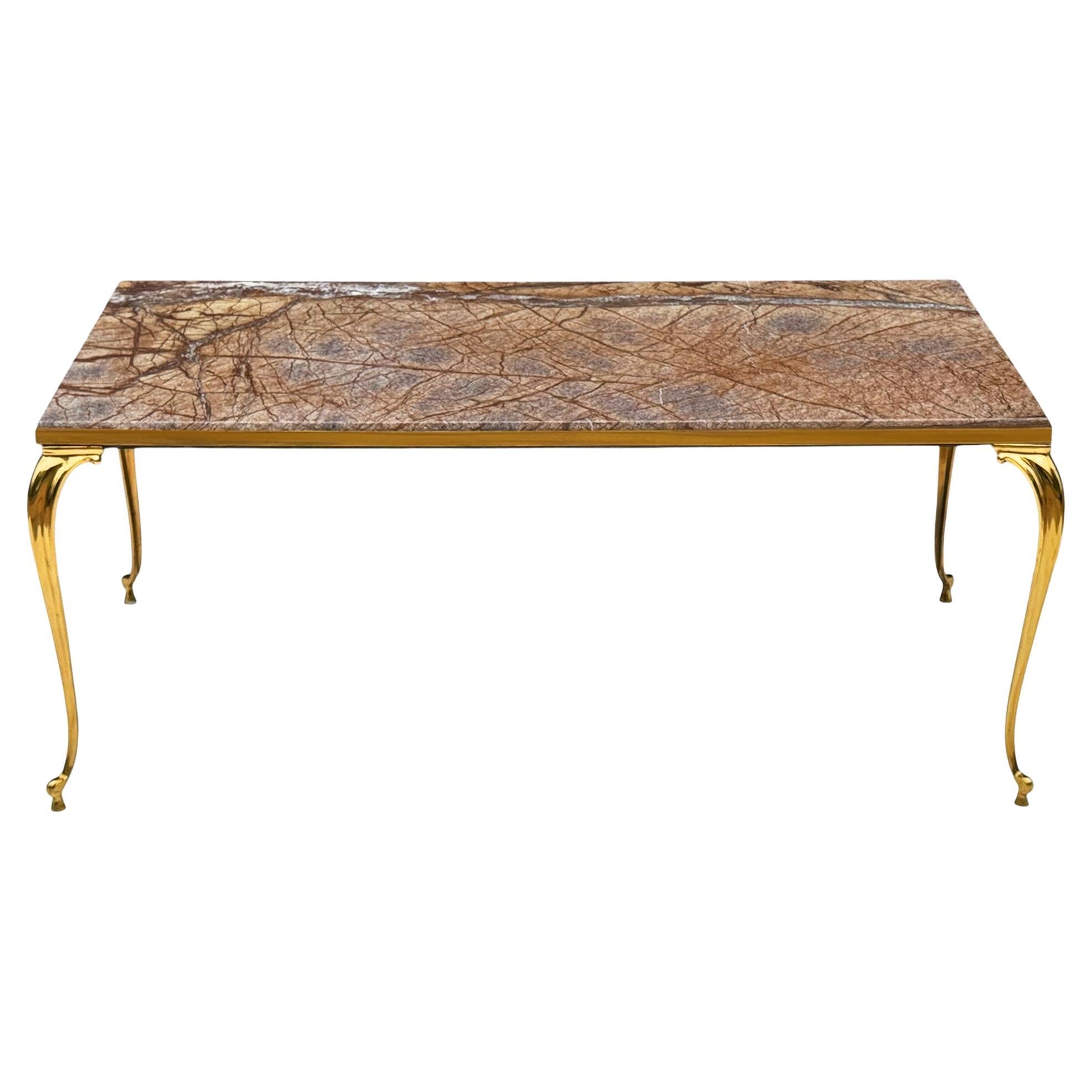 Table basse rectangulaire en marbre brun et laiton, Vintage Italian Hollywood Regency