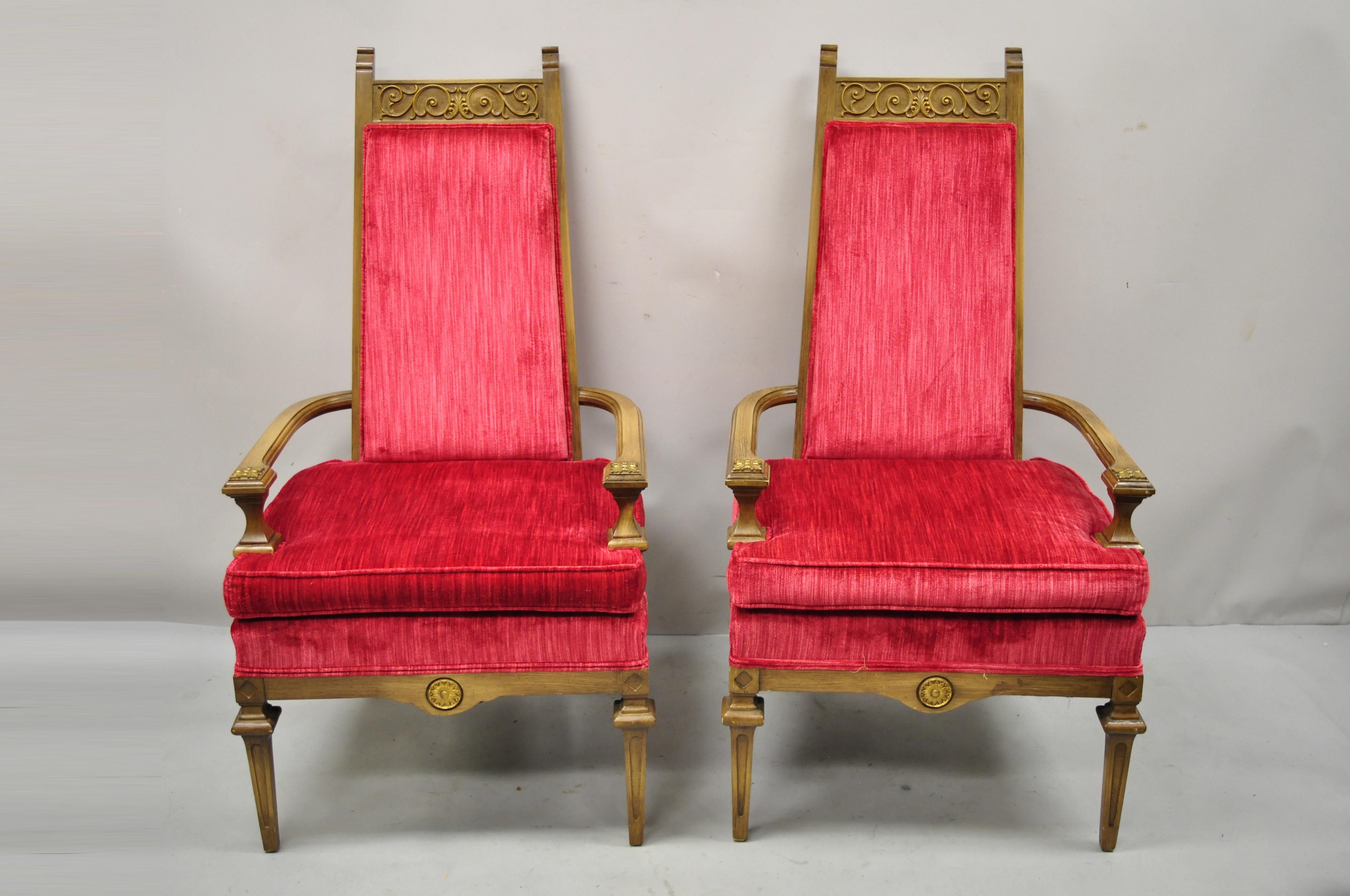 Vintage Italian style Hollywood Regency red high back lounge arm chairs - a pair. Item features solid wood frames, nicely carved details, very nice vintage pair, great style and form. Circa Mid 20th Century. Measurements: 49