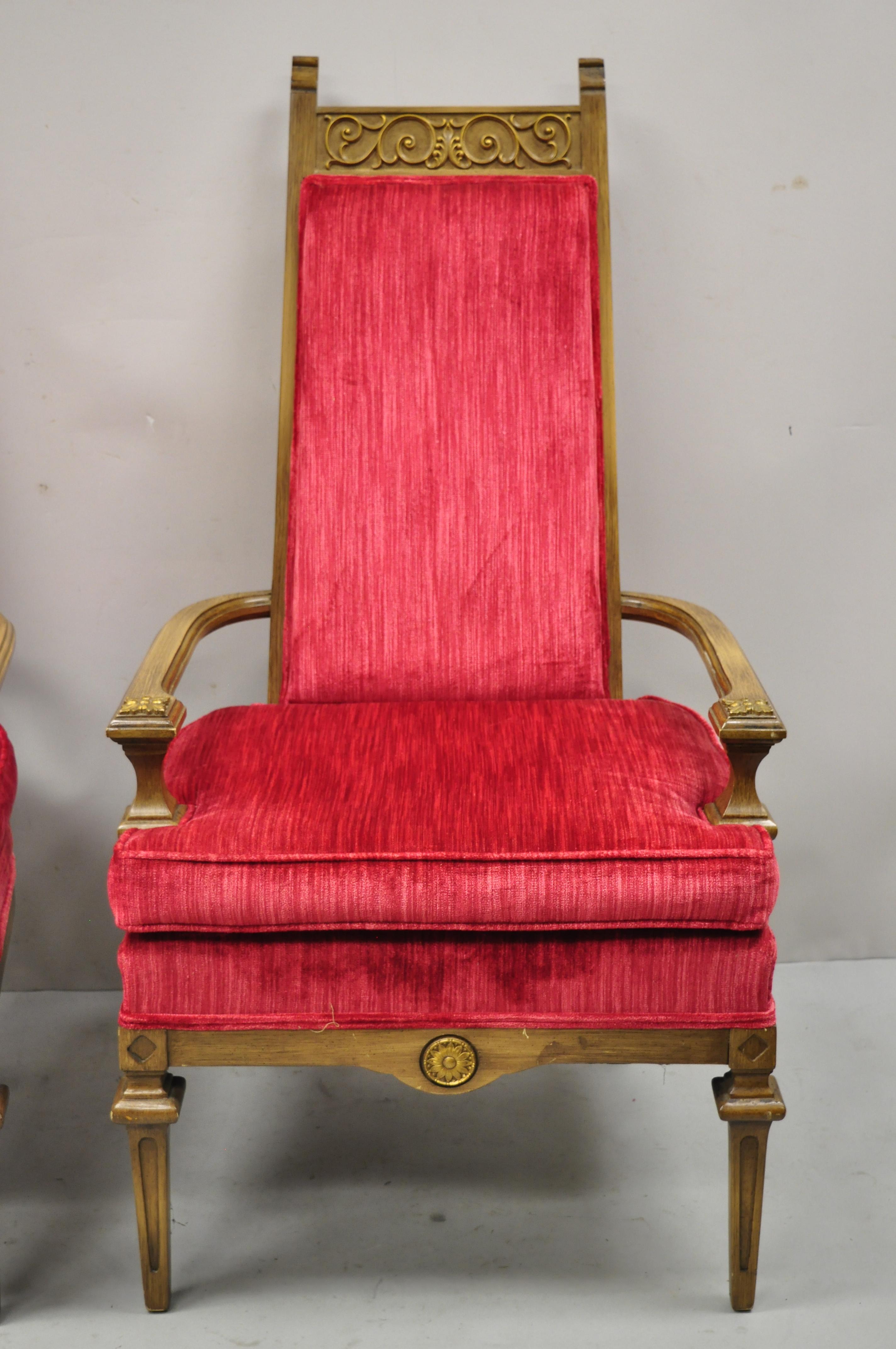 North American Vintage Italian Hollywood Regency Red High Back Lounge Arm Chairs, a Pair For Sale