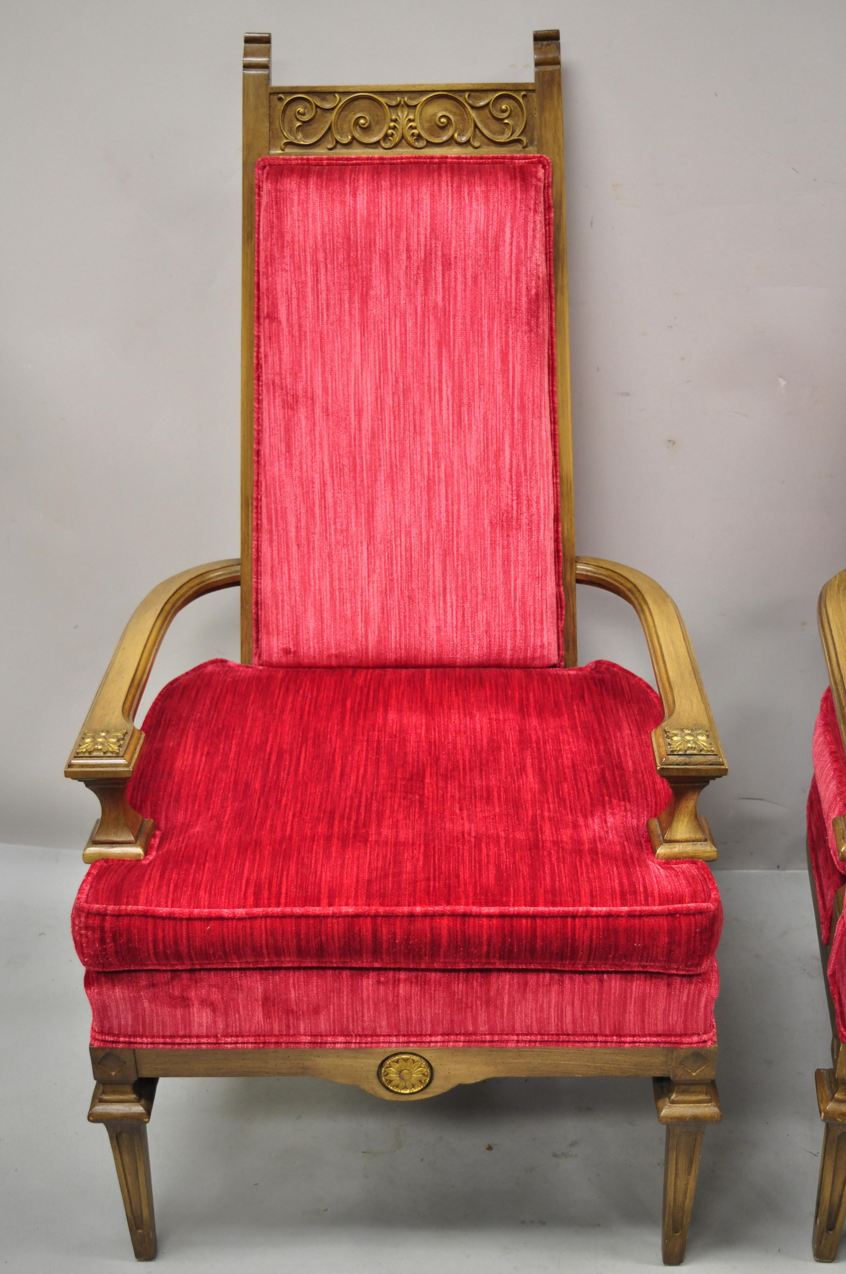 Vintage Italian Hollywood Regency Red High Back Lounge Arm Chairs, a Pair For Sale 2