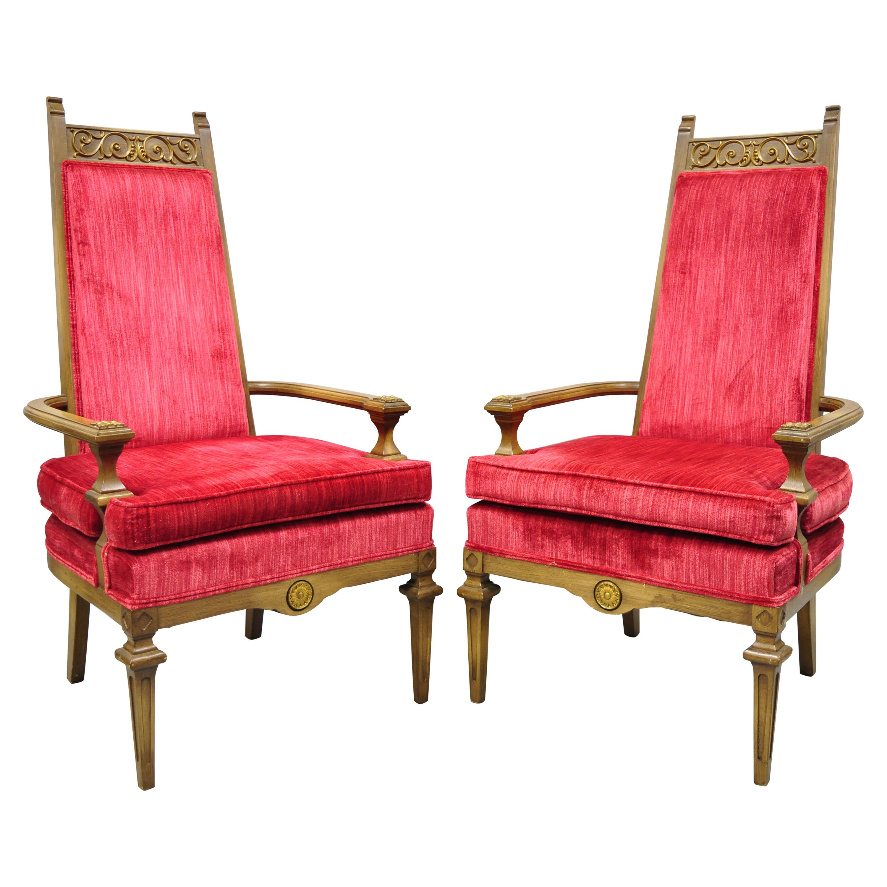 Vintage Italian Hollywood Regency Red High Back Lounge Arm Chairs, a Pair