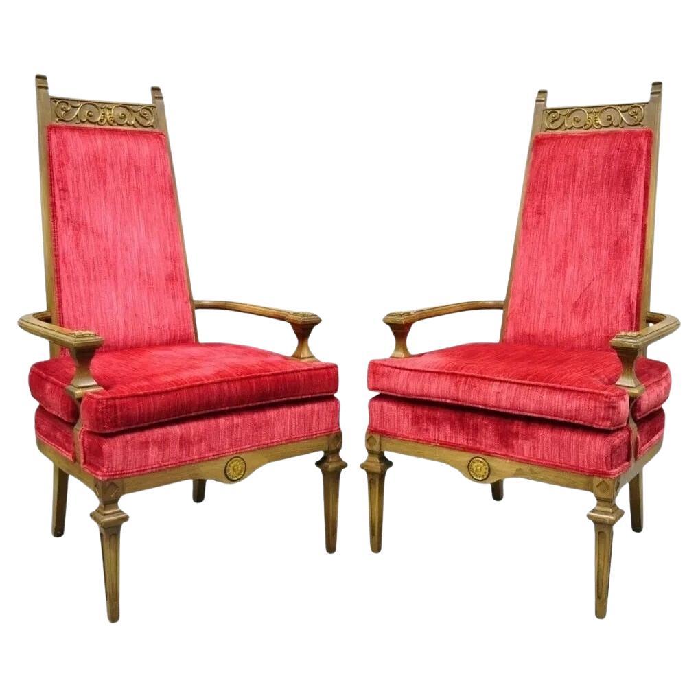 Vintage Italian Hollywood Regency Red High Back Lounge Arm Chairs - a Pair