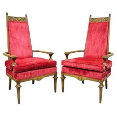 Vintage Italian Hollywood Regency Red High Back Lounge Arm Chairs - a Pair