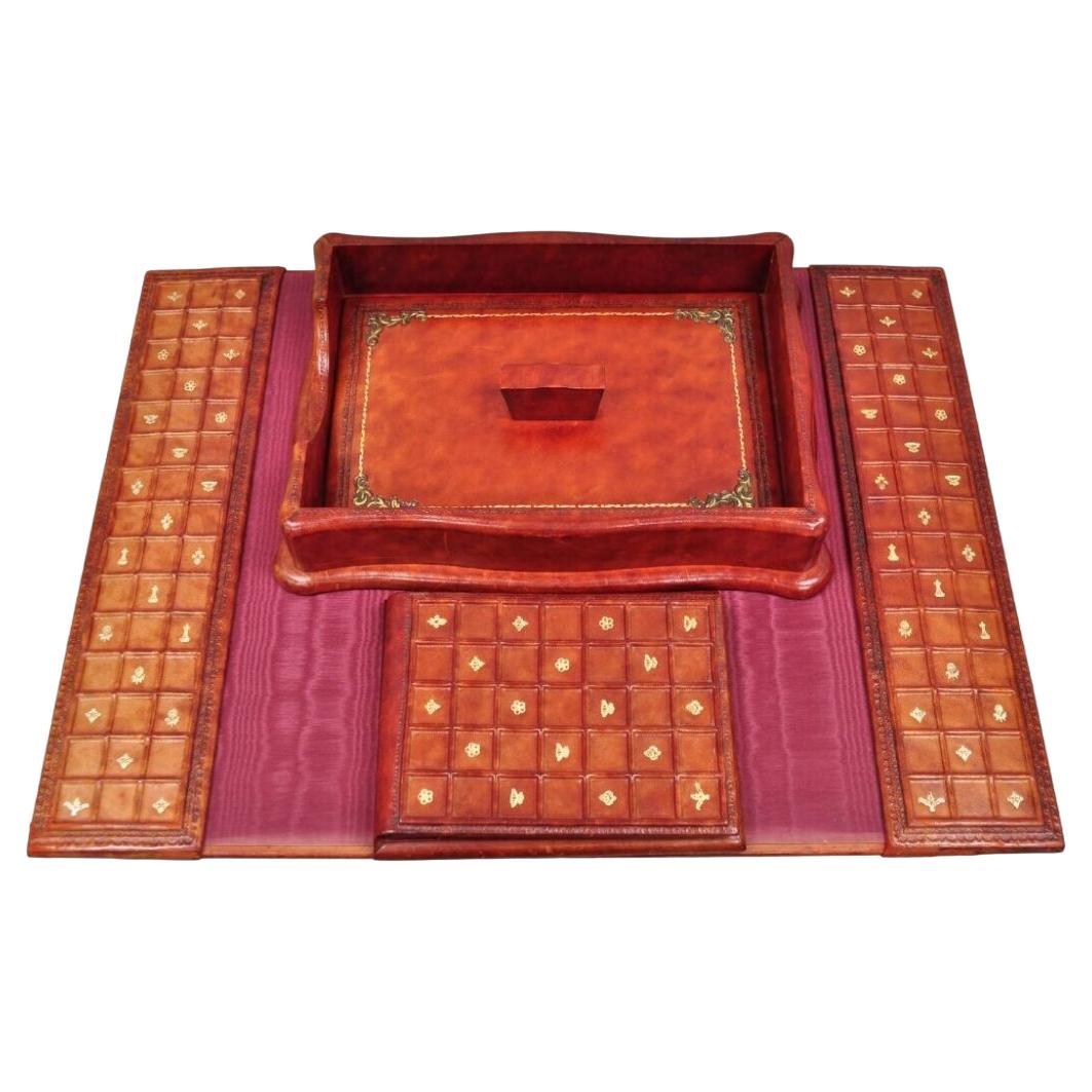 Vintage Italian Hollywood Regency Red Tooled Leather Gold Gilt 3 Pc Desk Set For Sale