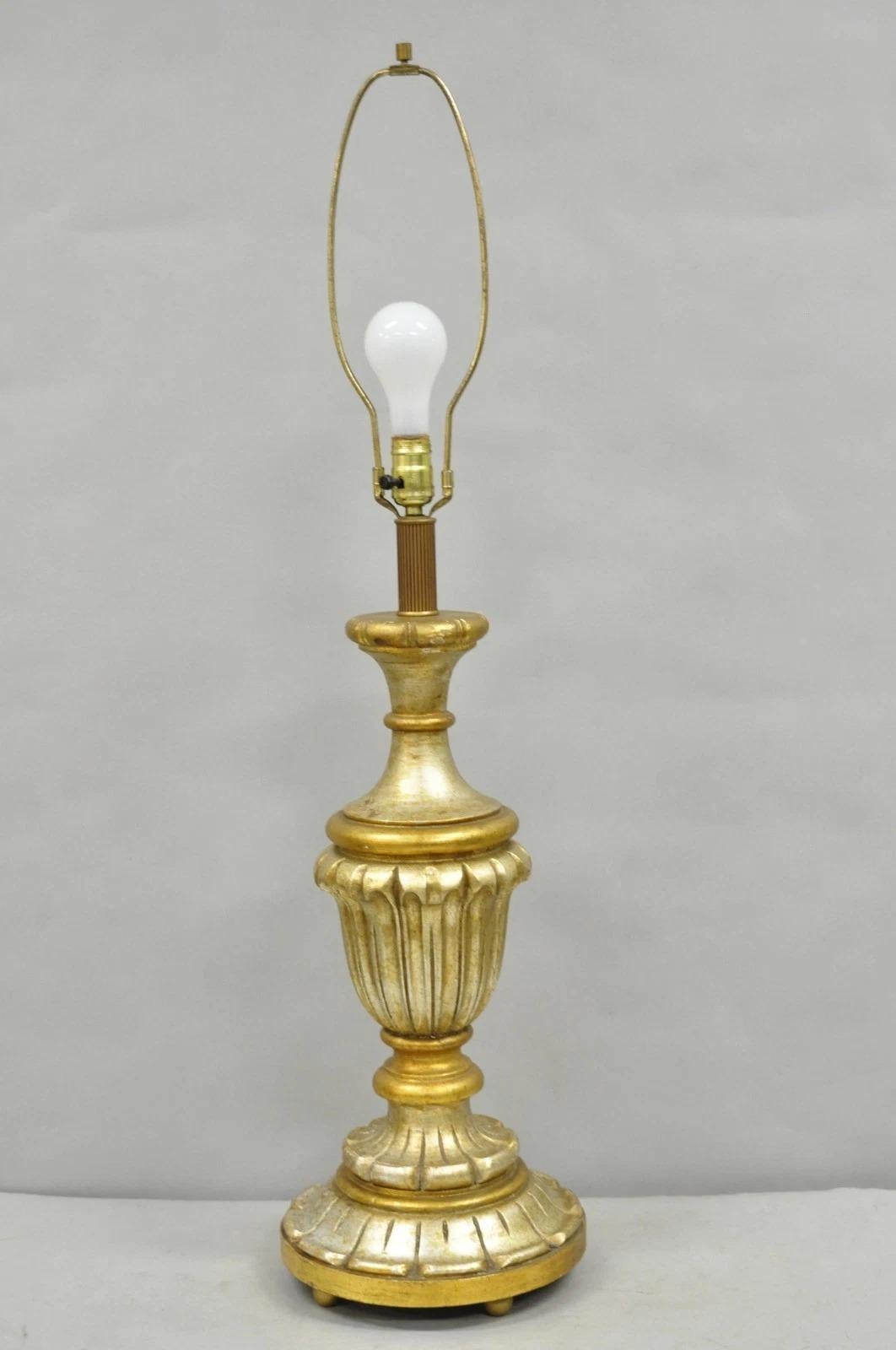 Vintage Italian Hollywood Regency Silver & Gold Gilt Carved Wood Table Lamp For Sale 7