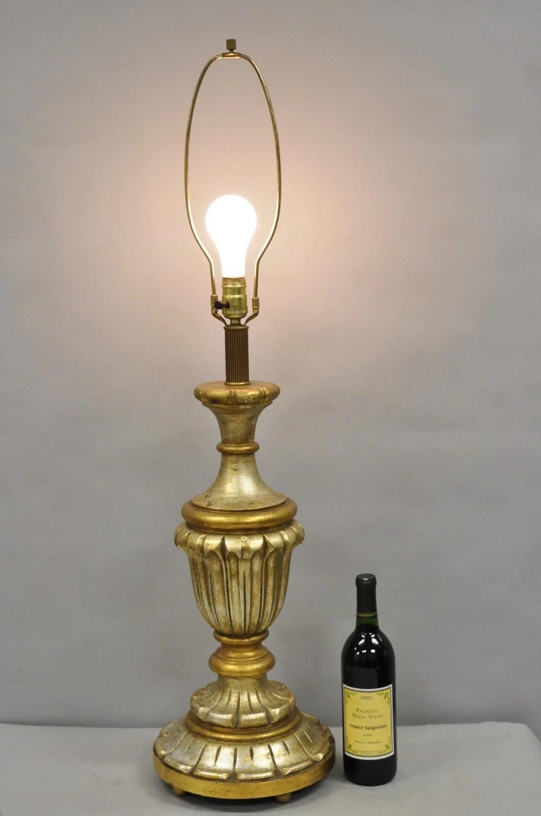 Vintage Italian Hollywood Regency Silver & Gold Gilt Carved Wood Table Lamp. Circa Mid 20th Century. Measurements: 40
