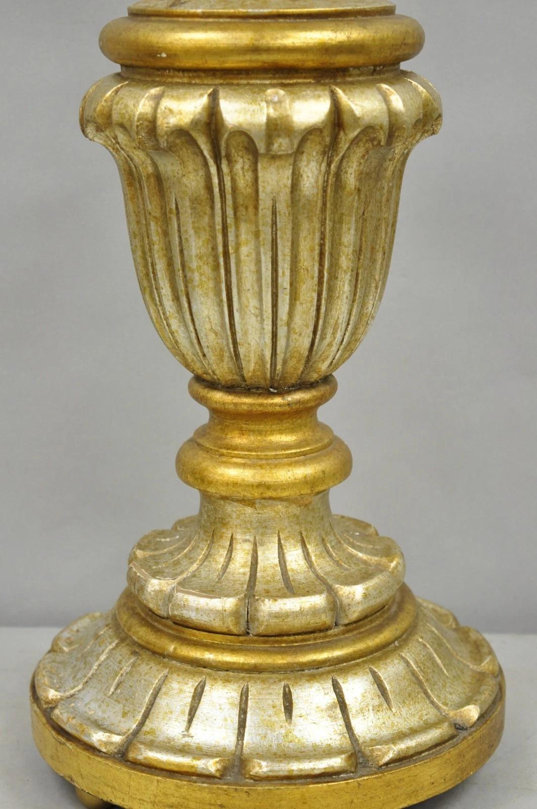 Vintage Italian Hollywood Regency Silver & Gold Gilt Carved Wood Table Lamp In Good Condition For Sale In Philadelphia, PA