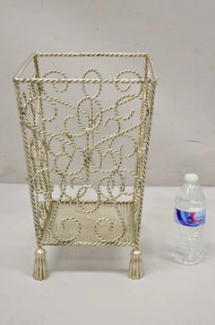 Vintage Italian Hollywood Regency Silver Iron Tassel Wastebasket Trashcan