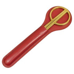 Vintage Italian Hollywood Regency Solingen Red Leather Desk Set Brass Scissors