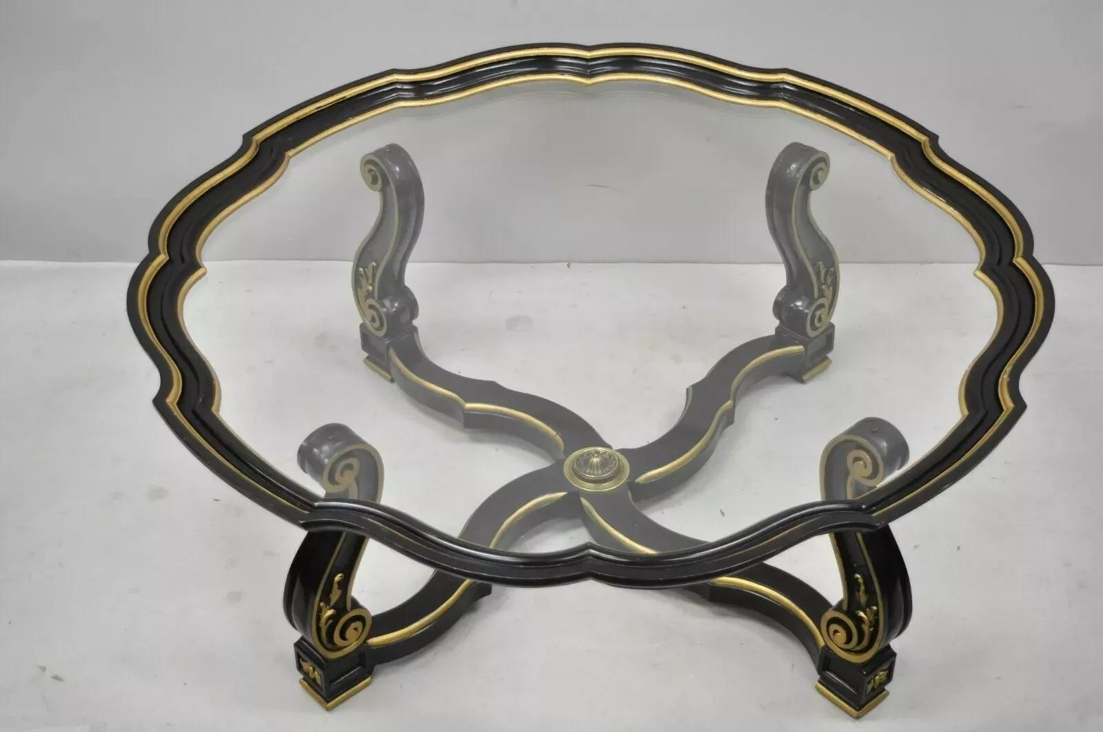 Table basse à plateau en verre noir et doré, style Hollywood Regency italien vintage en vente 4