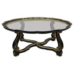 Vintage Italian Hollywood Regency Style Mesa de centro con tapa de cristal negro y dorado