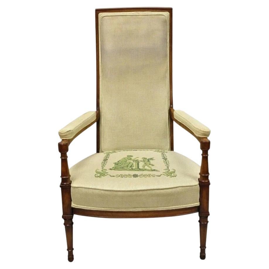 Vintage Italian Hollywood Regency Tall Back Upholstered Cherry Lounge Arm Chair For Sale
