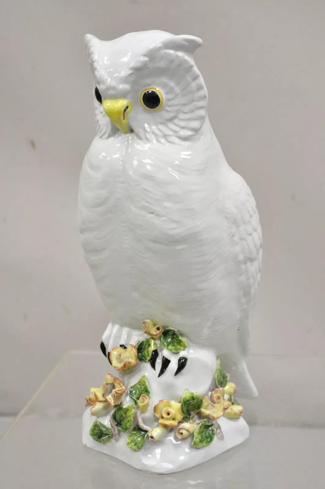 Vintage Italian Hollywood Regency Terracotta Glazed White Owl Figure Sculpture. Circa Mid 20th Century. Measurements: 15.5