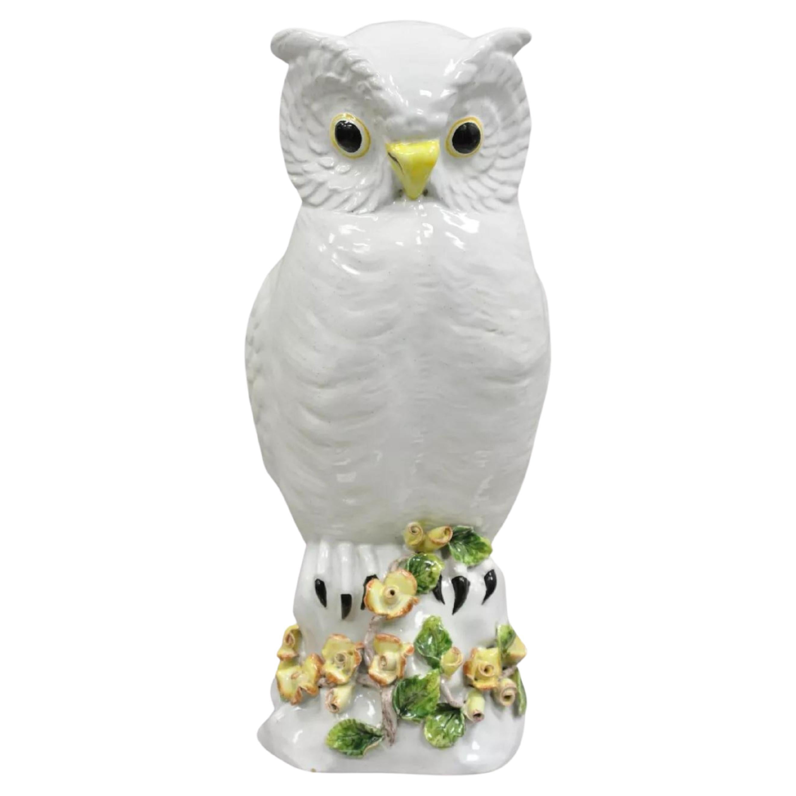 Vintage Italian Hollywood Regency Terracotta Glazed White Owl Figure Sculpture For Sale