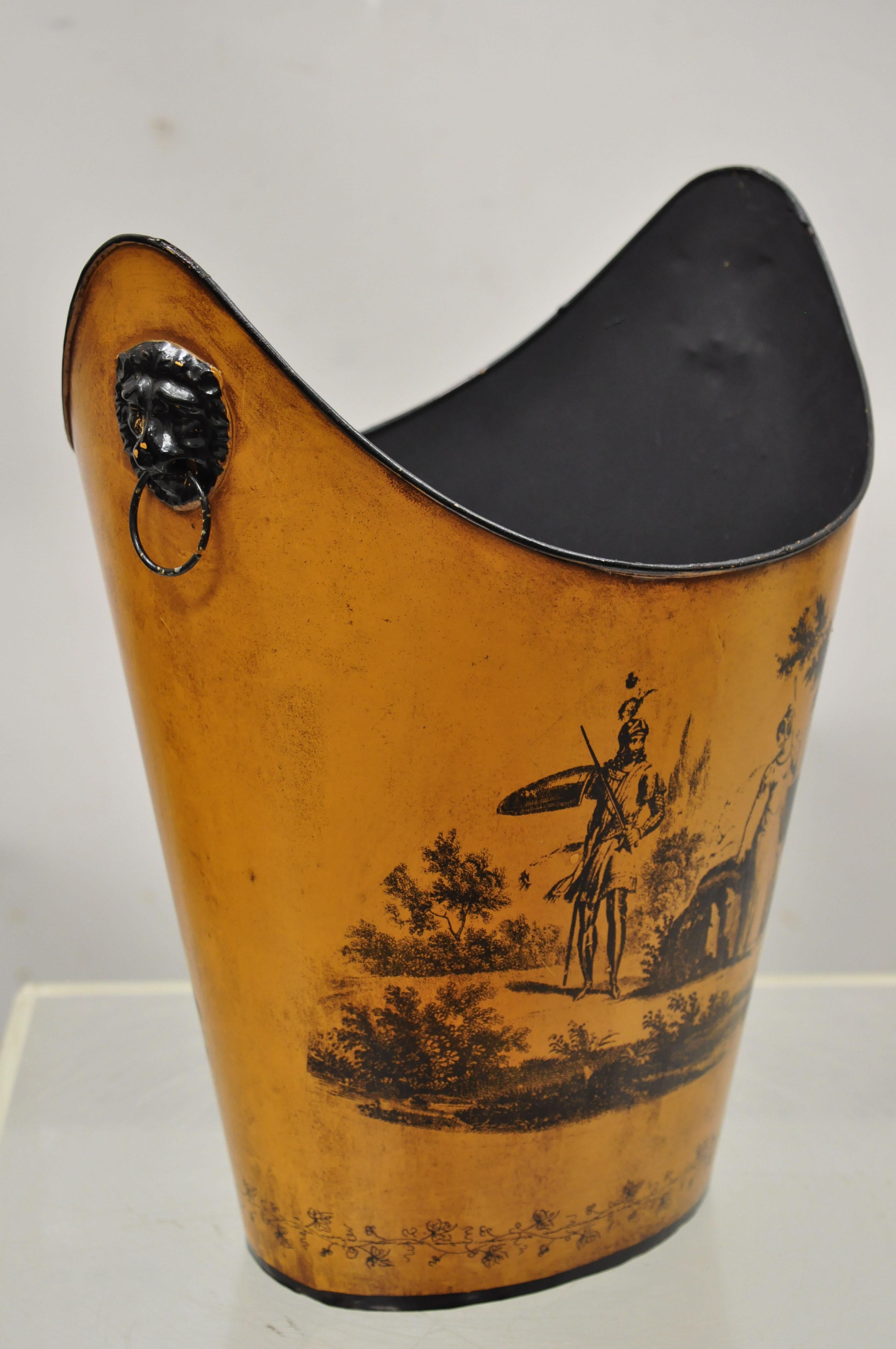 Vintage Italian Hollywood Regency tole metal orange wastebasket trashcan. Item features lion drop pulls, decorated front and back, 