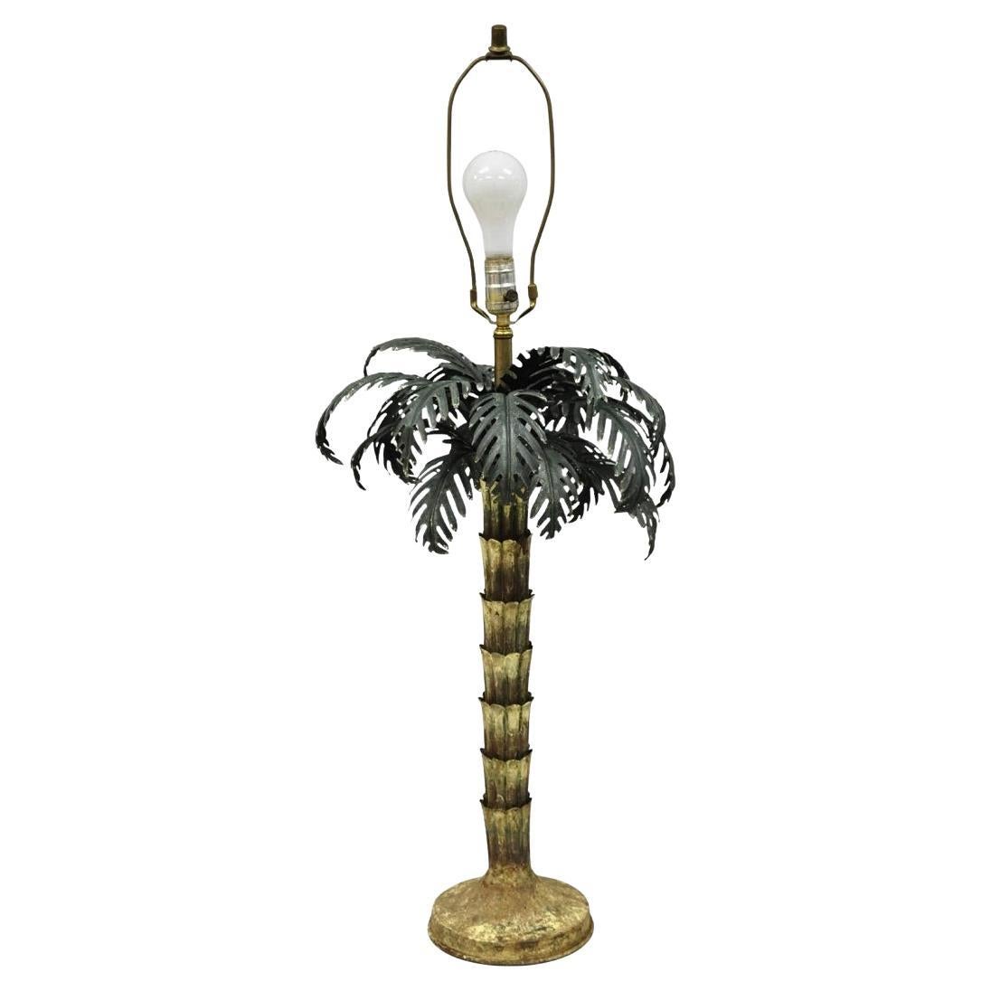 Vintage Italian Hollywood Regency Tole Metal Tropical Palm Tree Table Lamp For Sale