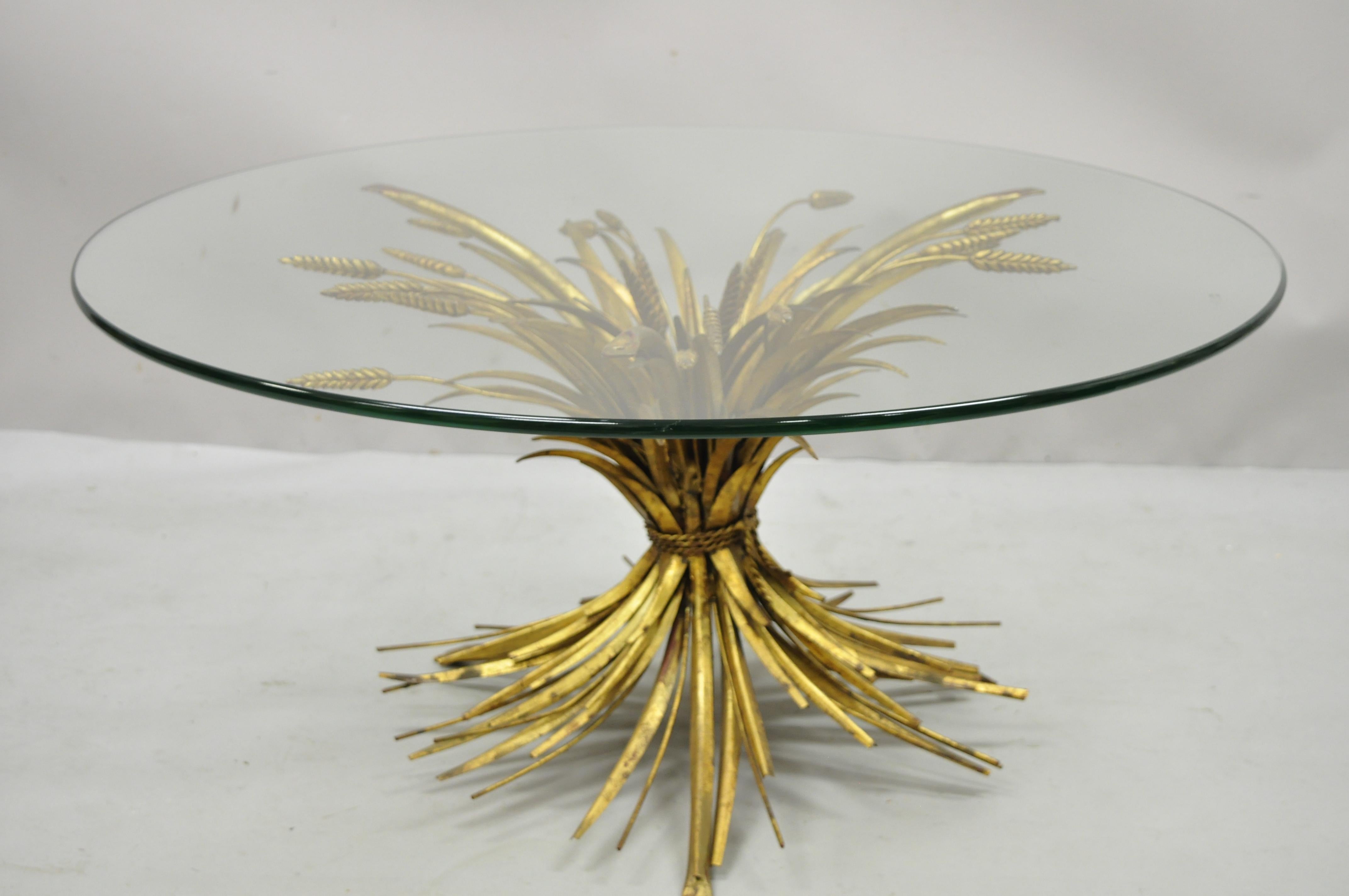 Vintage Italian Hollywood Regency Wheat Sheaf Gold Gilt Iron Glass Coffee Table 7