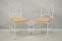 Vintage Italian Hollywood Regency White Faux Bamboo Metal Accent Side Chair Pair