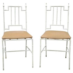 Vintage Italian Hollywood Regency White Faux Bamboo Metal Accent Side Chair Pair