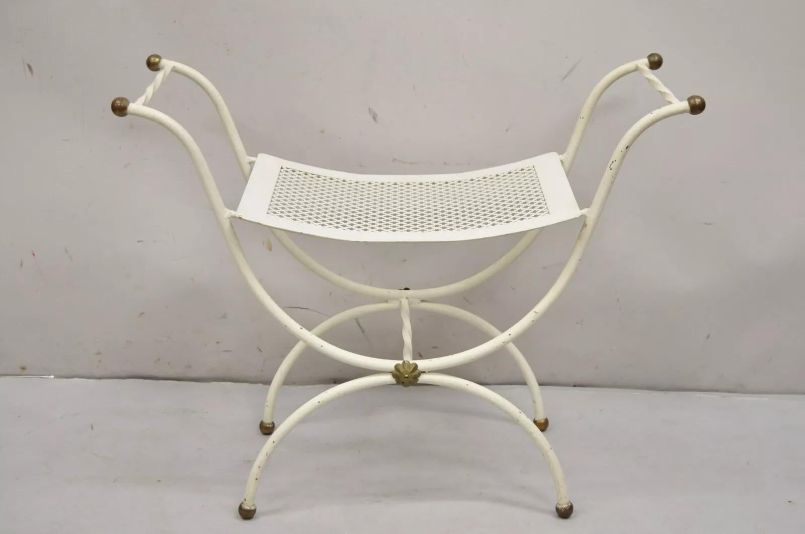 Vintage Italian Hollywood Regency White Iron Curule Savonarola Bench with Brass 5