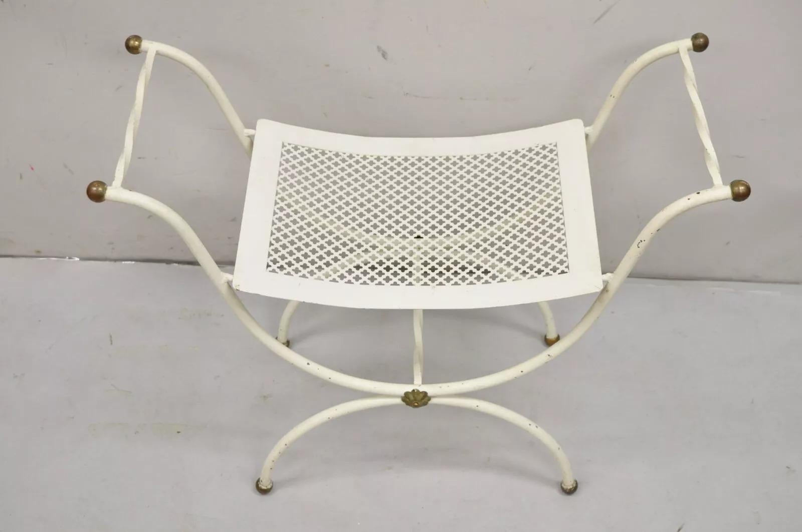 Unknown Vintage Italian Hollywood Regency White Iron Curule Savonarola Bench with Brass