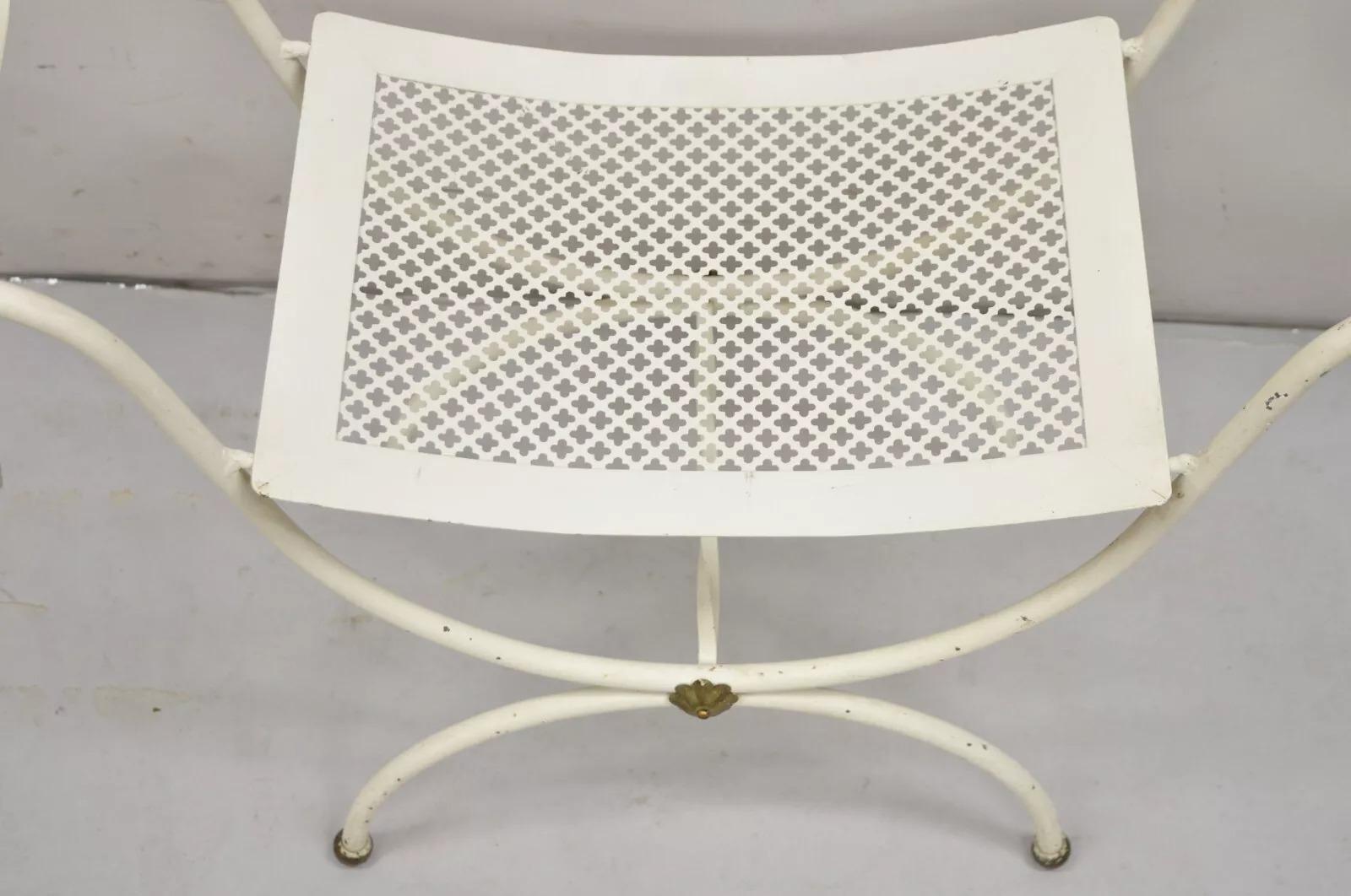 Vintage Italian Hollywood Regency White Iron Curule Savonarola Bench with Brass 2