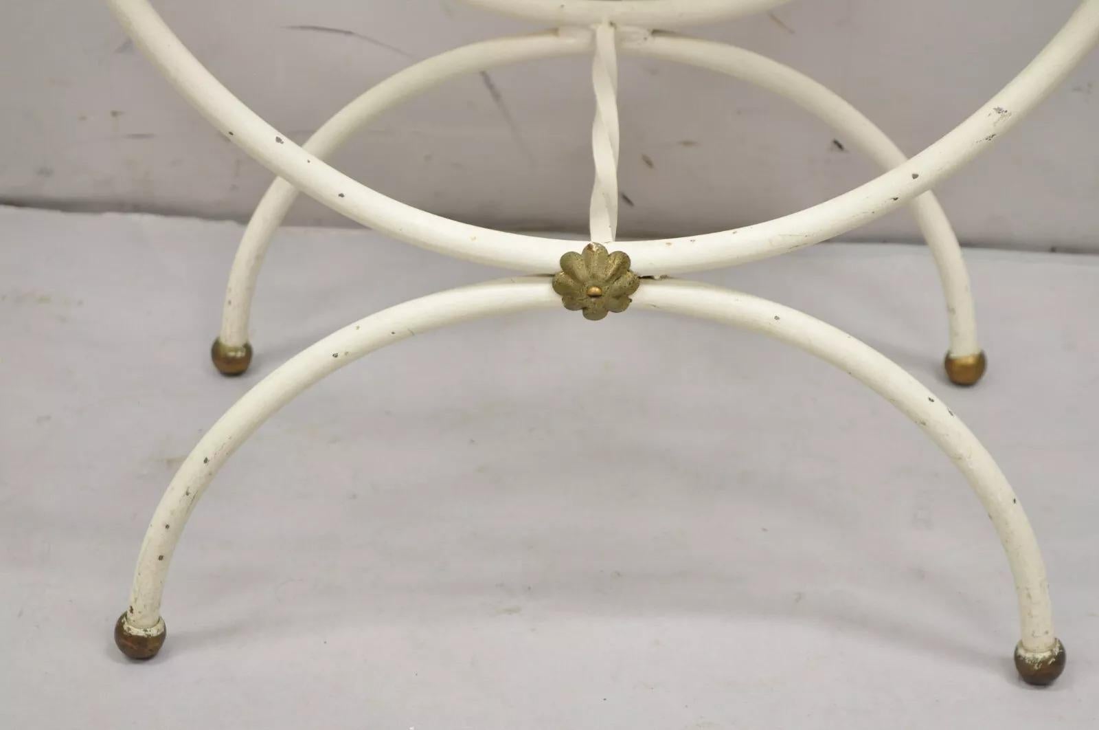Vintage Italian Hollywood Regency White Iron Curule Savonarola Bench with Brass 3